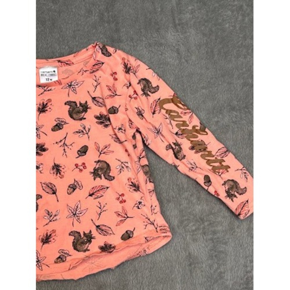 Carhartt Girls Peach‎ Squirrel Leaf Print Long Sleeve Shirt 12M S79868-G